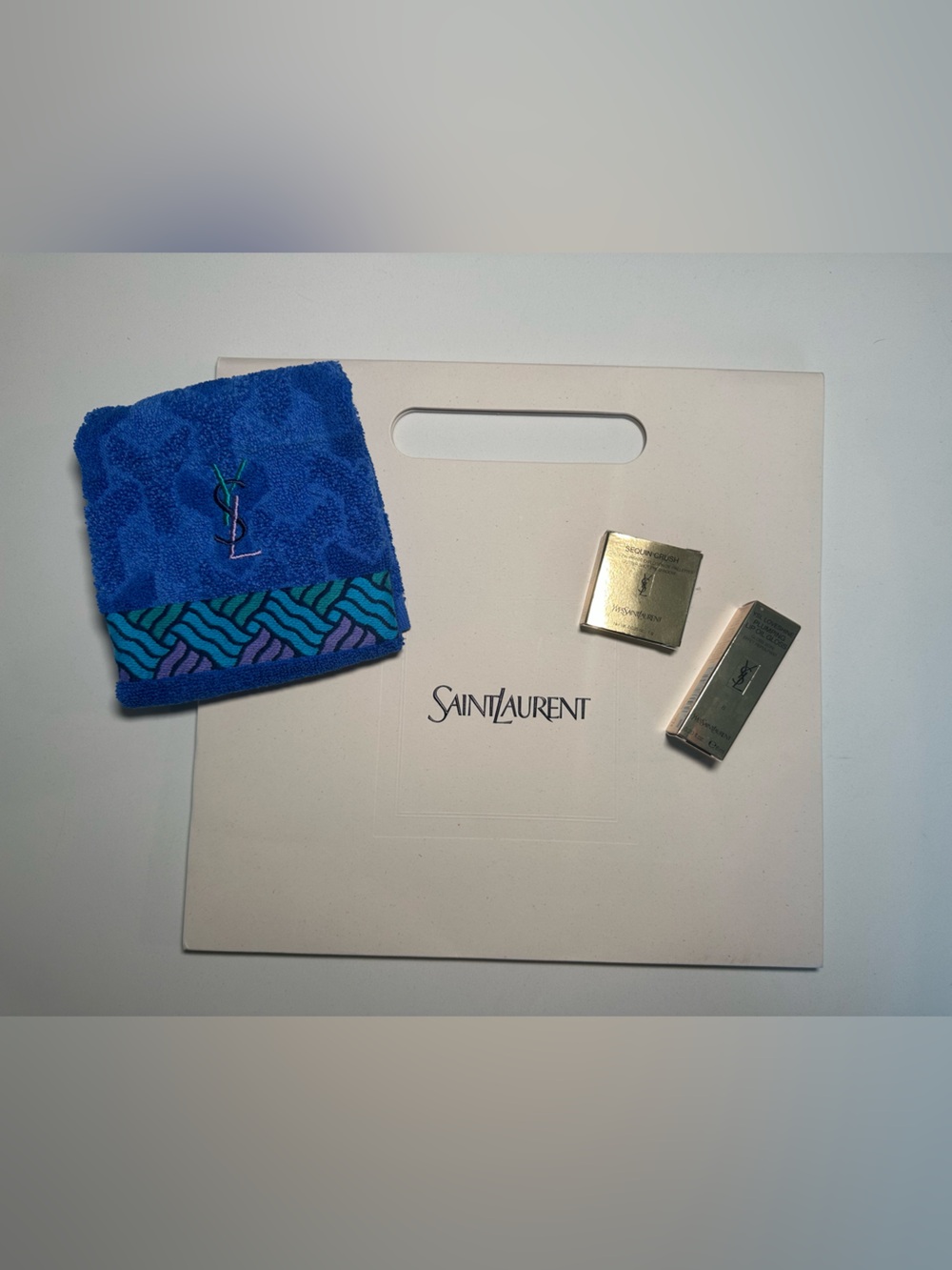 🖤 NIB YSL Bundle - Embroidered Hand Towel + Lip Plumping Oil + Sequin Crush Gold